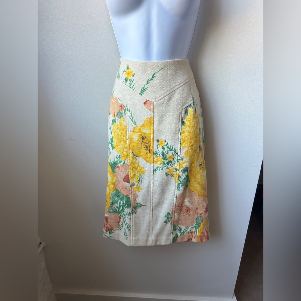 VTG 90s Wool Floral Pencil Skirt Yellow Cream Spring Cottagecore Midi Tapestry